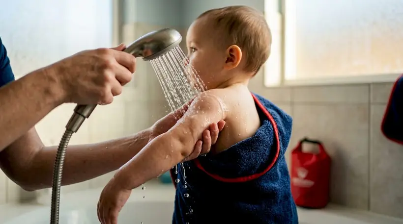 Caregiver rinsing baby after pool swim