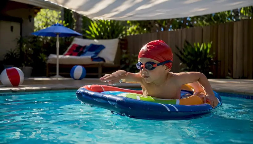 Child practicing swim arm pulls in home pool