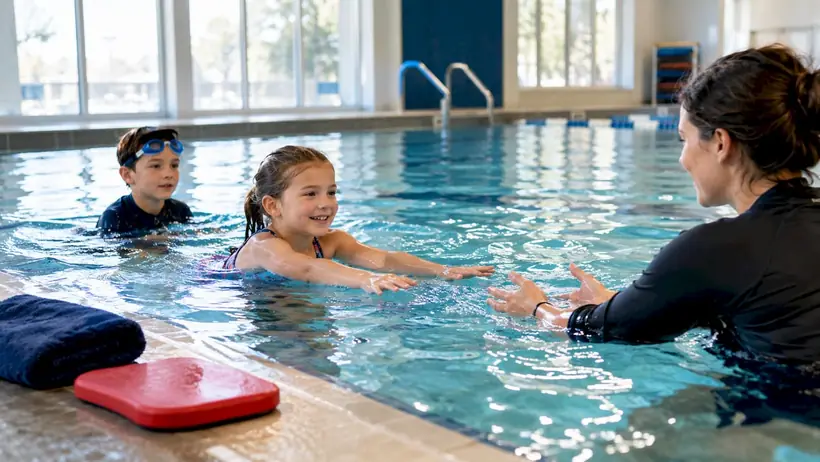 Siblings practicing together during swim lesson