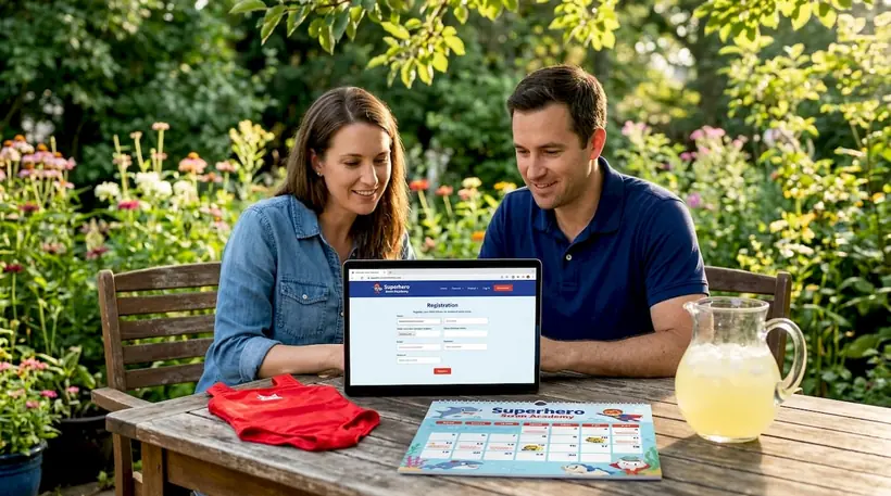 Parents registering child for swim class online