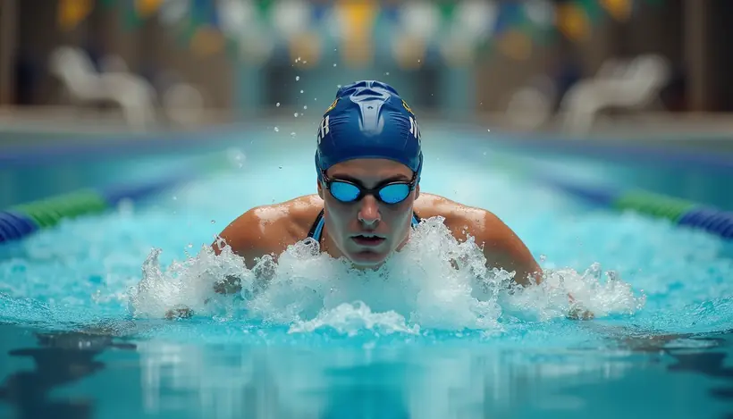 Close-up view of a swimming instructor demonstrating a stroke technique in a pool