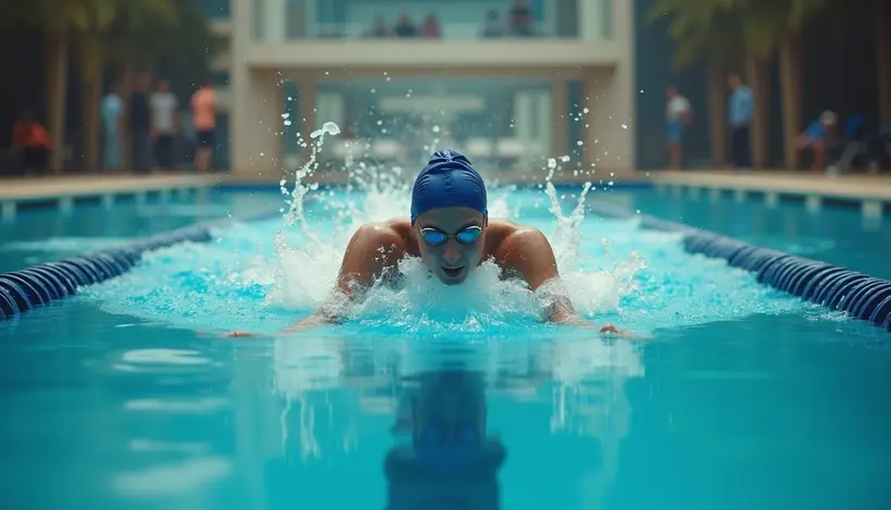 Eye-level view of swimmer practicing streamlined body position in pool
