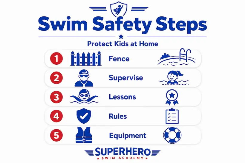 Infographic showing layered swim safety steps