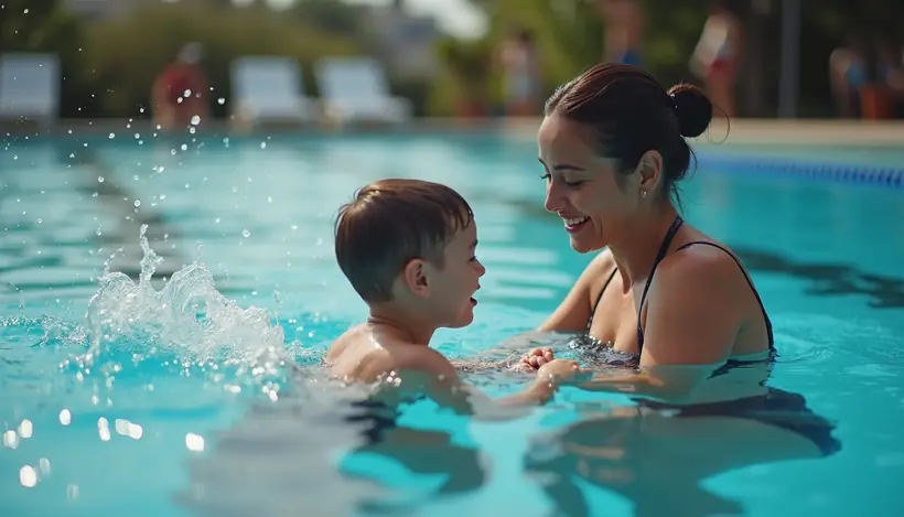 Close-up view of a swimming instructor demonstrating floating techniques to a young learner