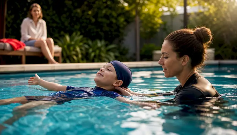 Parent calmly observing home swim lesson