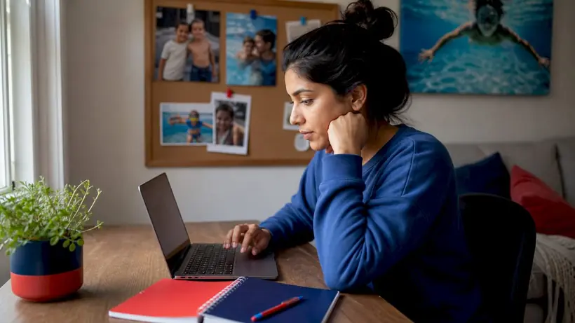 Mother scheduling swim lessons on tablet at kitchen table