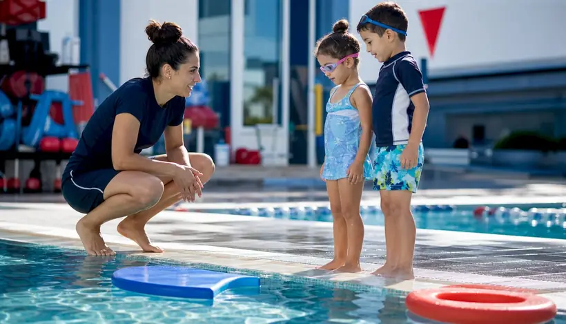 Instructor watching young siblings at poolside