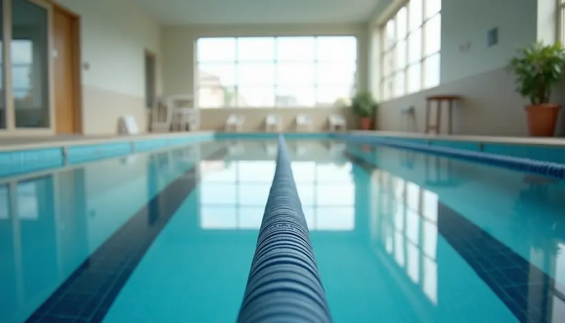 Eye-level view of an indoor swimming pool with clear water and lane markers