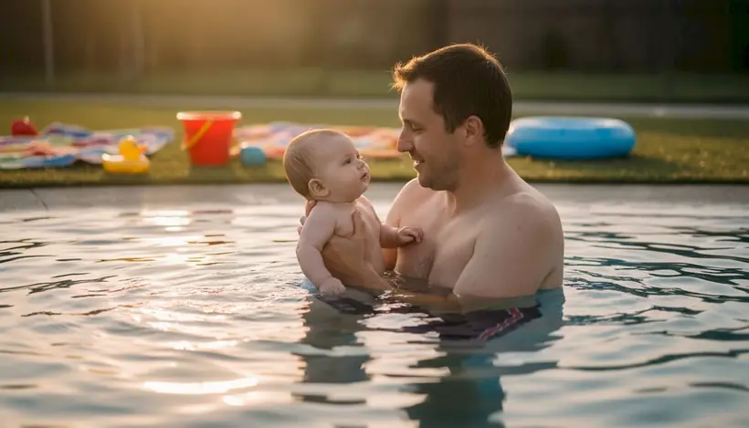 Father soothing infant during swim lesson