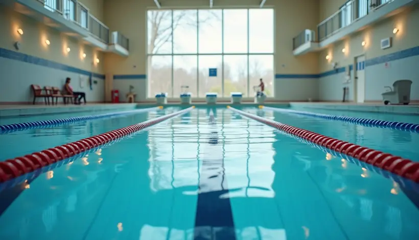 Eye-level view of swimmer practicing freestyle stroke in a clear pool