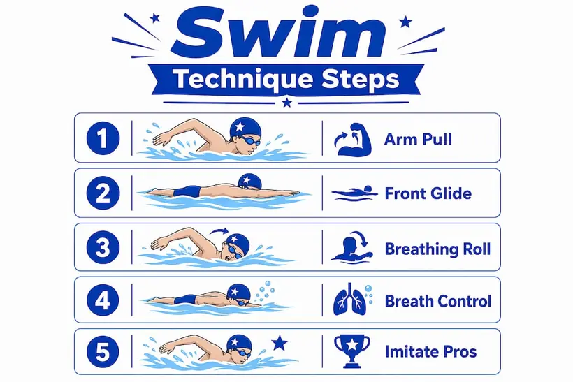 Infographic showing swim technique steps for children