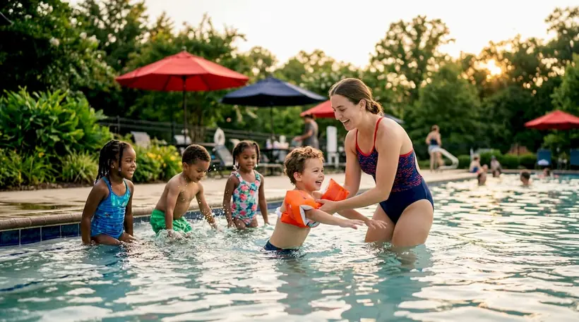 Children and instructor in swim lesson at indoor pool
