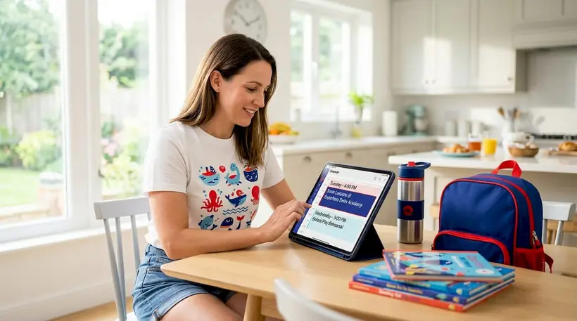 Mother scheduling children's swim lessons and school activities