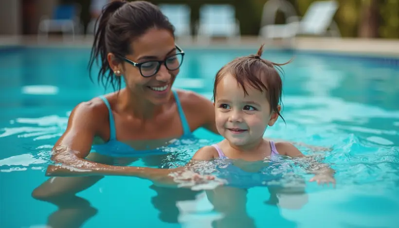 Close-up view of a swim instructor teaching a child to float in a pool near West Palm Beach