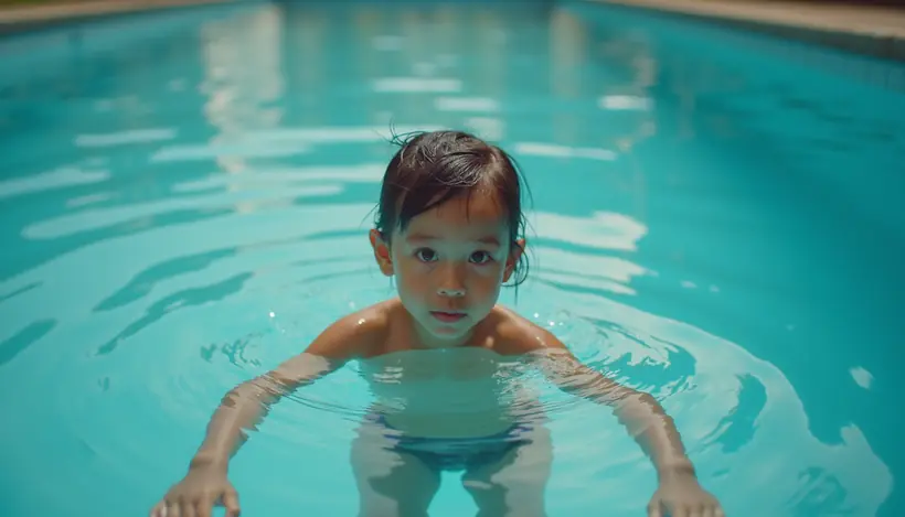High angle view of child practicing floating in pool