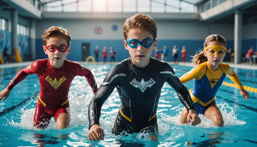Young superheroes practicing swim coordination