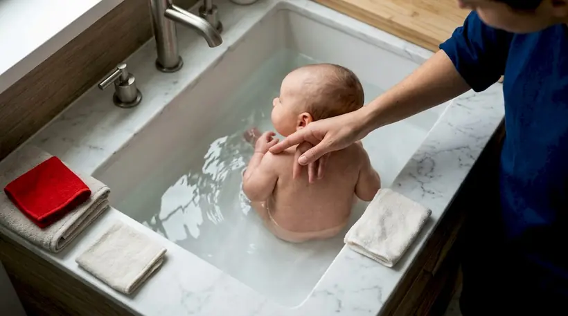 Caregiver supervising infant bath closely