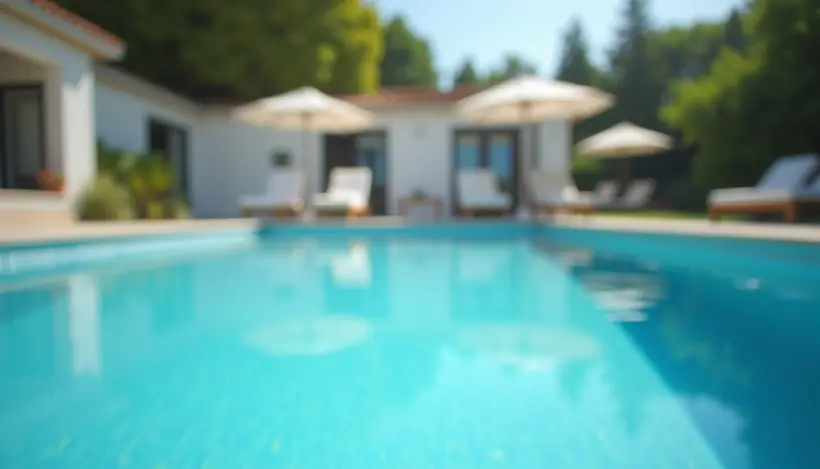 Eye-level view of a private swimming pool with clear blue water