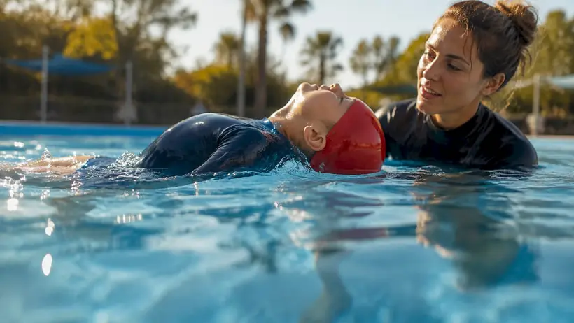 Child practicing supervised rollback-to-float maneuver