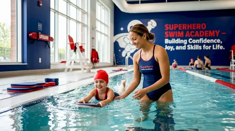 Instructor guiding child in private swim lesson