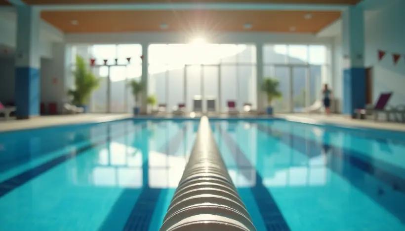 Eye-level view of an indoor swimming pool lane with clear water