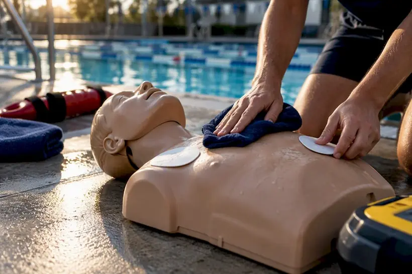 Instructor preparing AED during poolside training