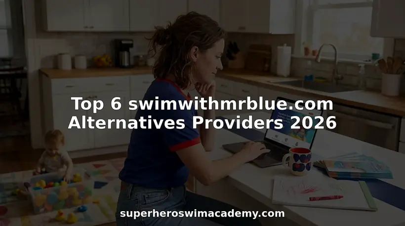 Parent comparing swim lesson providers at kitchen table
