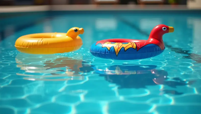 Eye-level view of a swimming pool with colorful superhero-themed floatation devices
