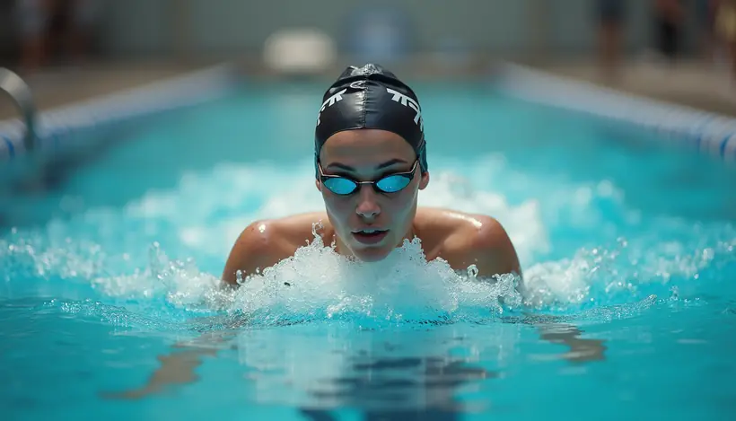 Close-up view of a swimming instructor demonstrating a stroke technique in a pool