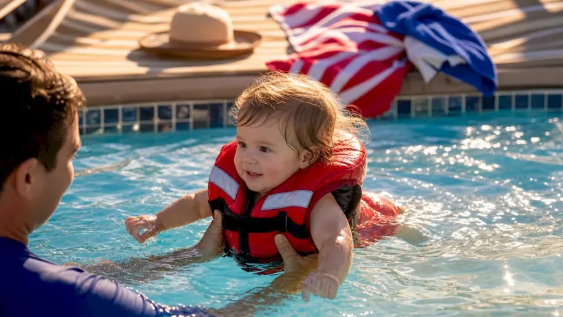 Toddler wearing life jacket floating in pool