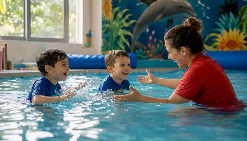 Children enjoying tropical-themed swim school pool