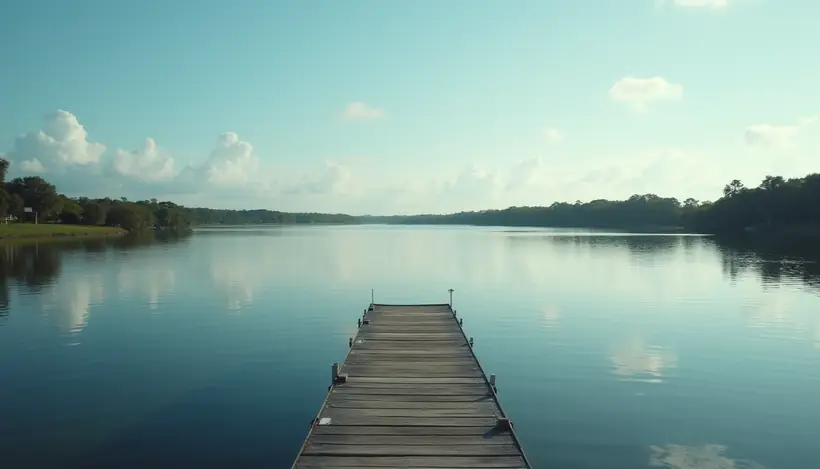 High angle view of a calm lake in Lake Worth with a small dock