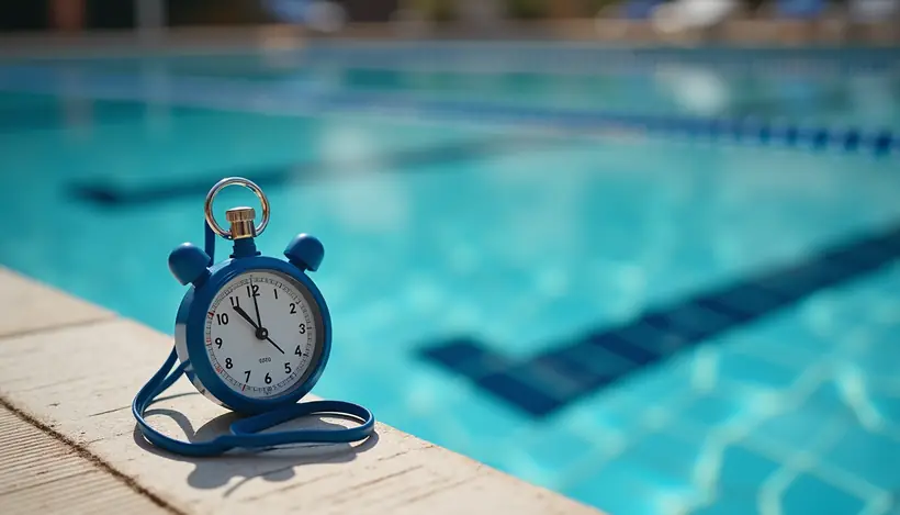 Close-up view of a stopwatch and swim goggles on a pool deck