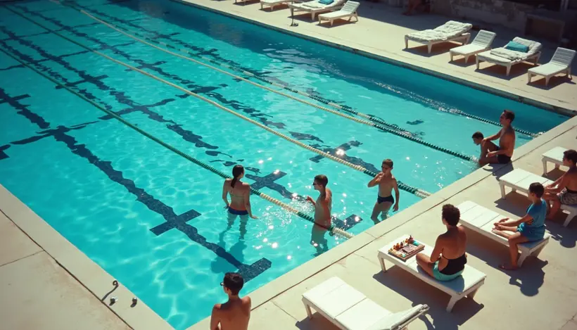 High angle view of swimmers taking a break at the poolside