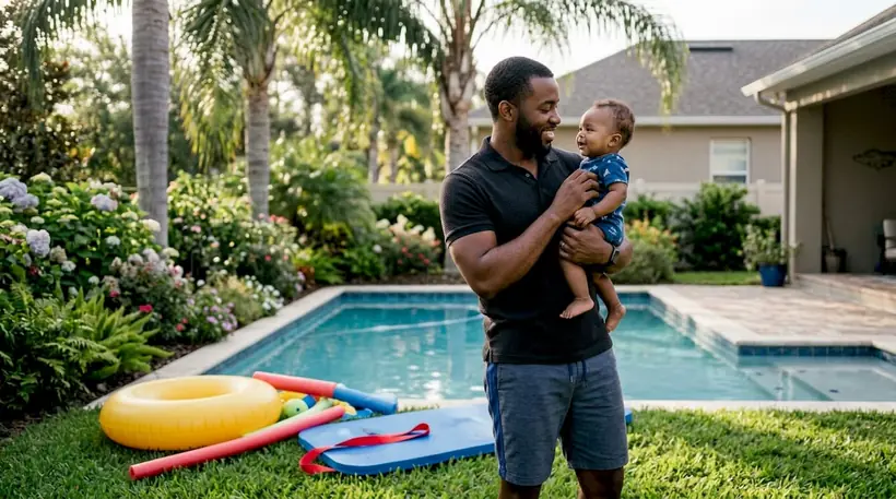 Parent attentively supervising infant at pool edge