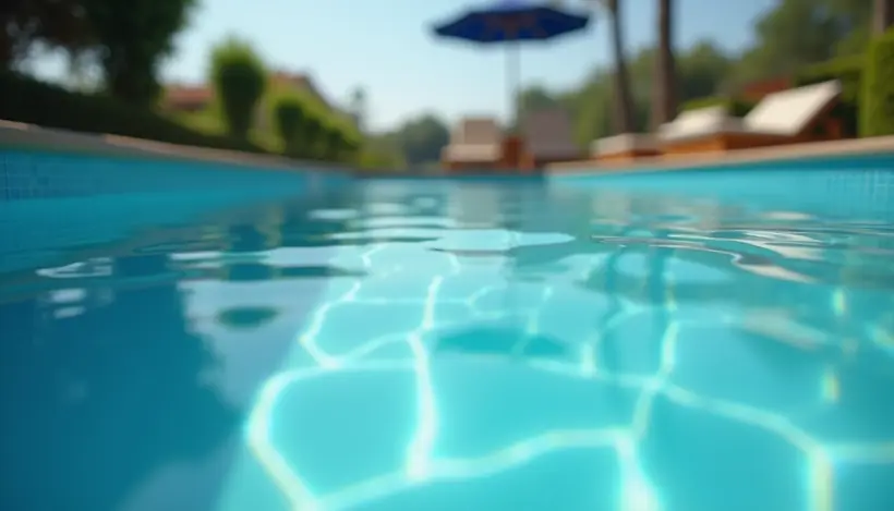 Eye-level view of a swimming pool with clear blue water