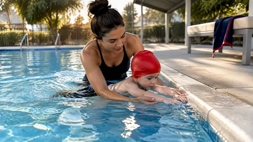 Instructor guiding toddler during survival swim lesson