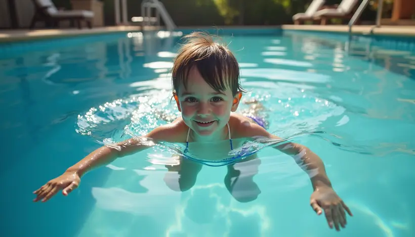 Eye-level view of a child learning to swim in a clear pool with a patient instructor