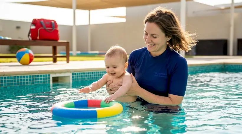 Instructor guides infant toward pool ring