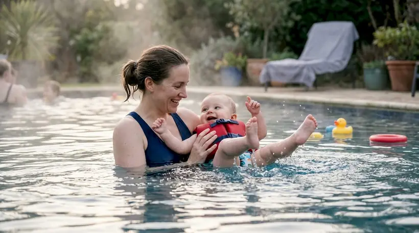Parent supporting infant swimming in warm pool