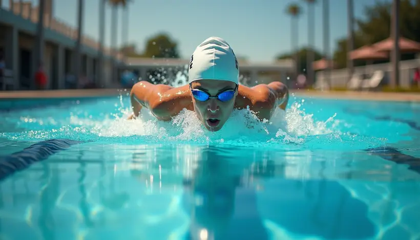 Eye-level view of swimmer practicing freestyle stroke in a clear pool