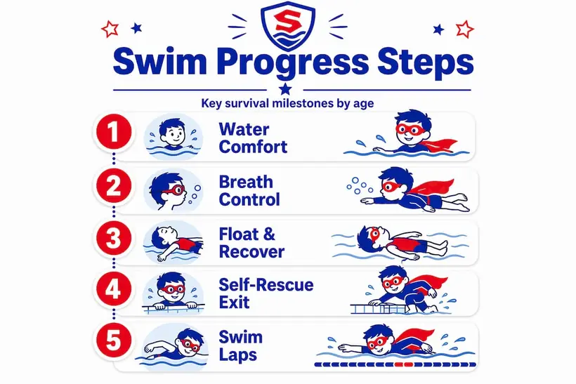 Infographic showing survival swim lesson milestones