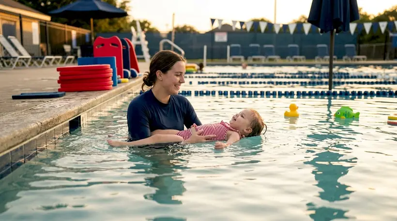 Instructor supporting toddler floating in pool