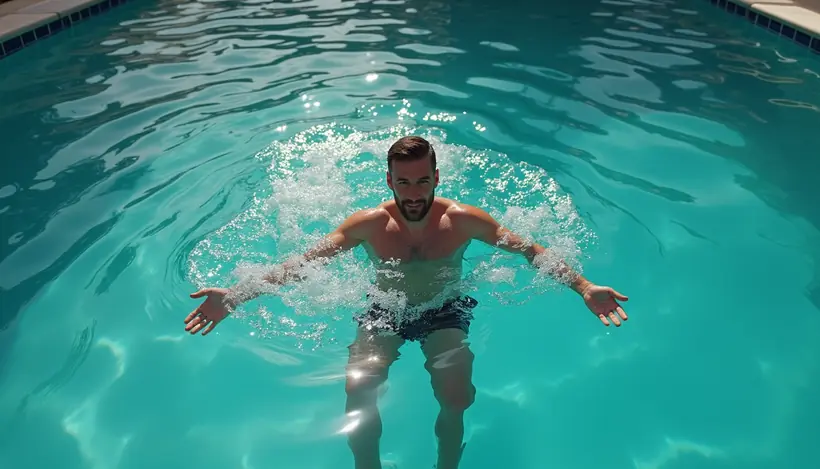 High angle view of a swimmer practicing survival floating technique in a pool near downtown West Palm Beach