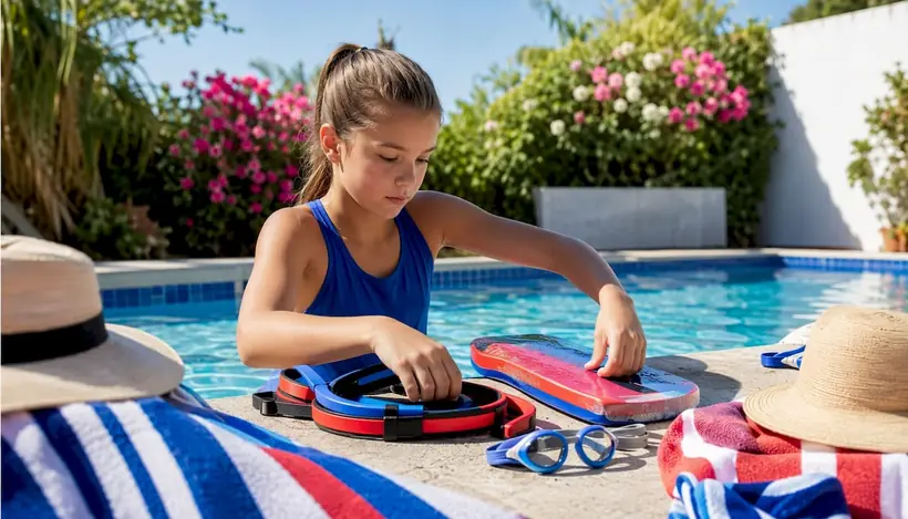 Hands adjusting swim resistance bands near pool