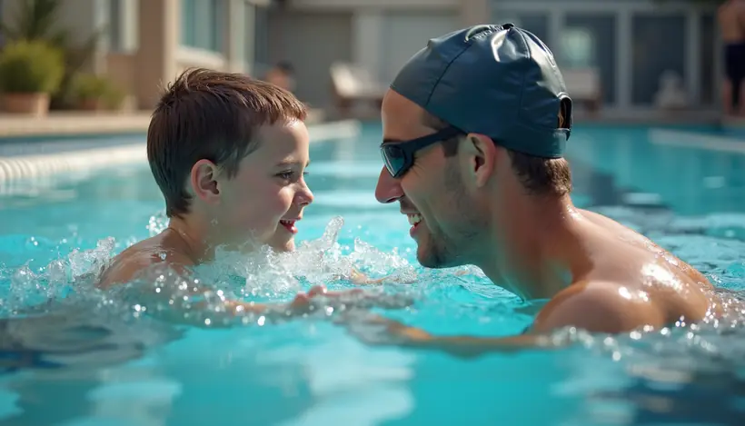 Close-up view of swimming instructor demonstrating stroke technique to a young swimmer