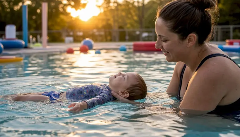 Parent supporting toddler self-rescue float in pool