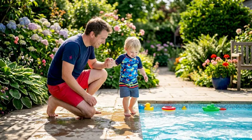 Parent holding toddler's hand at pool edge