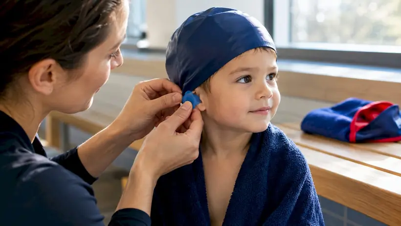 Caregiver checking toddler swim earplug fit
