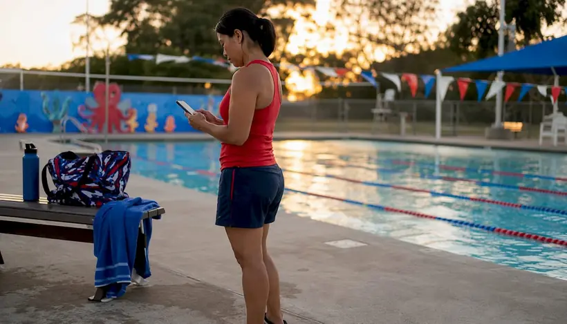Parent checking swim lesson reminder poolside